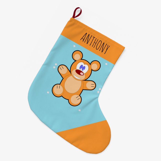 Grande Chaussette De Noël Ours en peluche marron sur le bleu (Devant (Accrochage))