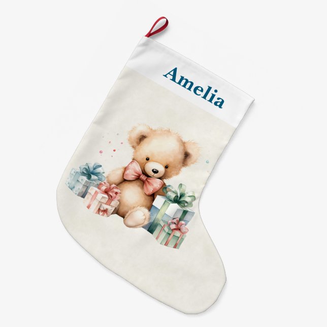 Grande Chaussette De Noël Ours en peluche mignonne avec cadeaux de Noël (Devant (Accrochage))