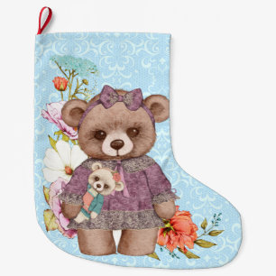 Grande Chaussette De Noël Ours en peluche vintage avec poupée sur bleu