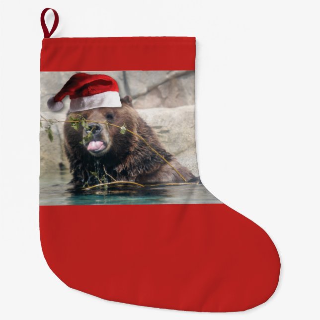 Grande Chaussette De Noël Ours grizzli portant un Casquette du Père Noël (Devant)