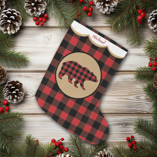 Grande Chaussette De Noël Ours rouge de plaid de Buffalo personnalisé