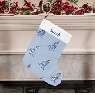 Grande Chaussette De Noël Pagode de Noël bleu foncé motif d'arbre