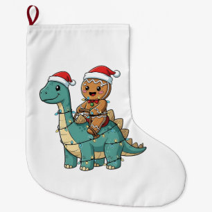 Grande Chaussette De Noël Pain d'épices montant un dinosaure Santa Noël