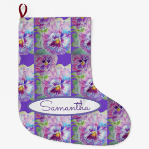 Grande Chaussette De Noël Pansies violettes Pansy Violet Floral Fleurs Art