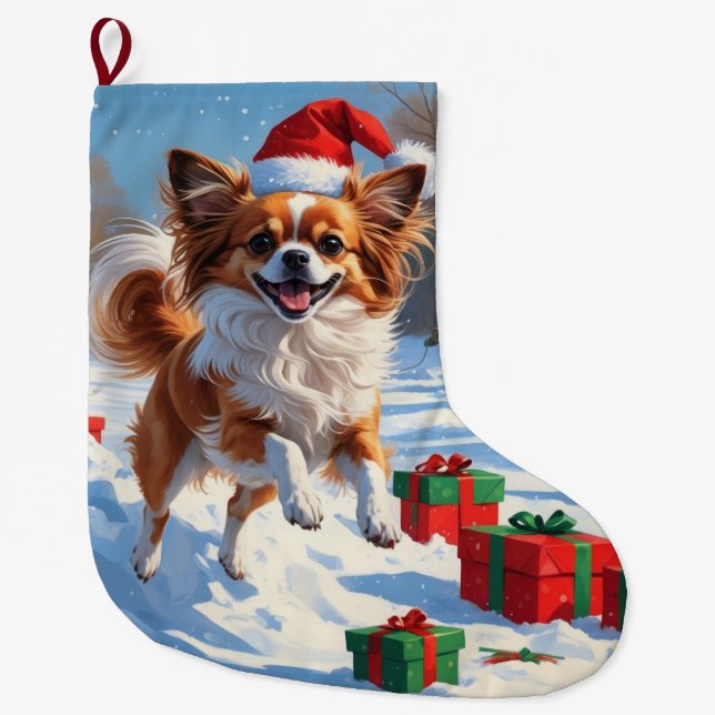 Grande Chaussette De Noël Papillon Chien courant dans la neige avec Casquett (Devant)