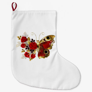 Grande Chaussette De Noël Papillon de fleurs rouges aux roses rouges