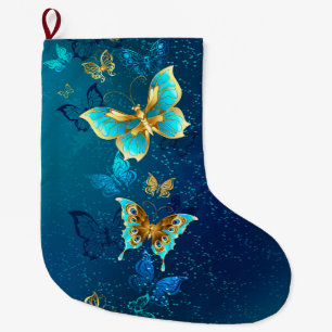 Grande Chaussette De Noël Papillons d'or sur un Arrière - plan bleu