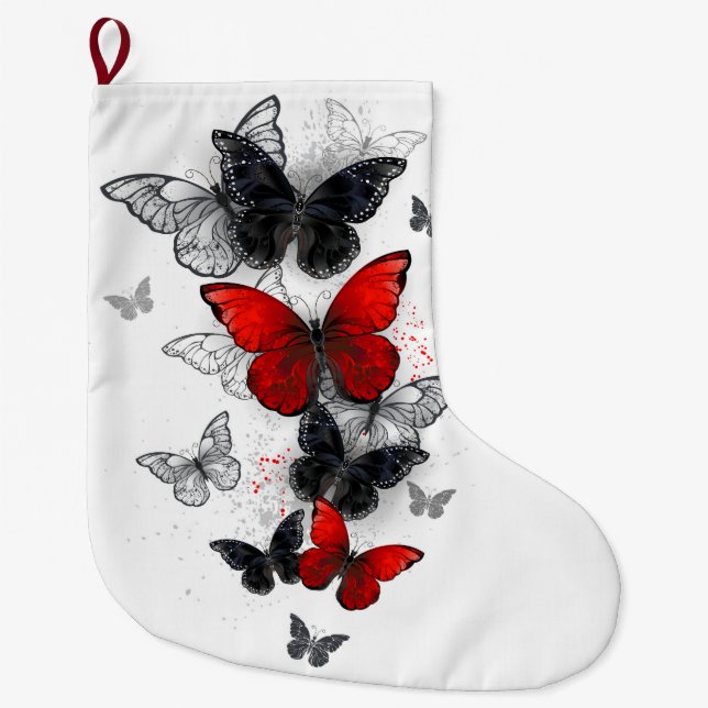 Grande Chaussette De Noël Papillons noirs et rouges volants (Devant)