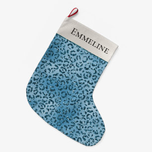 Grande Chaussette De Noël Parties scintillant Empreinte de léopard bleu tur