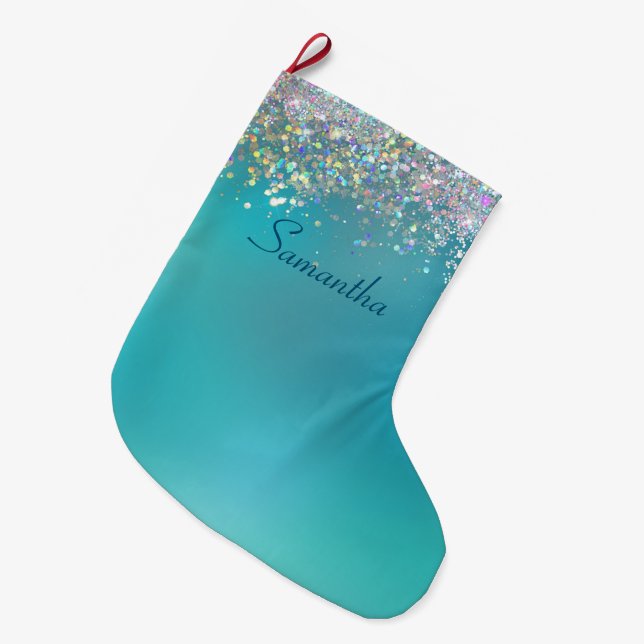 Grande Chaussette De Noël Parties scintillant holographique Turquoise person (Devant (Accrochage))