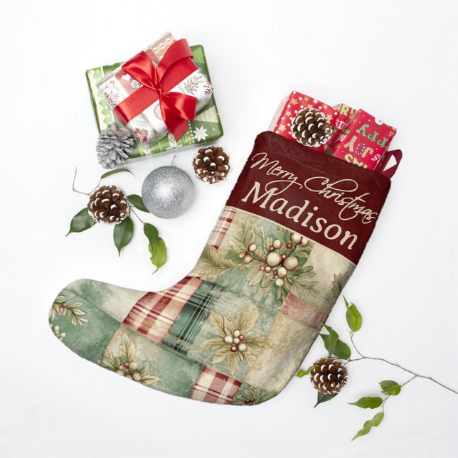 Grande Chaussette De Noël Patchwork Christmas Quilt Holly Berries Custom (Créateur téléchargé)
