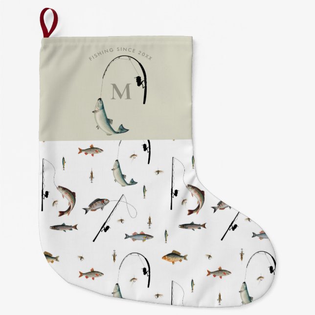 Grande Chaussette De Noël Pêche Rod & Reel Poisson Thème Pêcheur Monogramme (Devant)