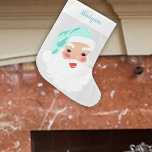 Grande Chaussette De Noël Père Noël en Mint Green Casquette Vintage<br><div class="desc">Ce bas de Noël de style vintage présente un graphique de style vintage du Père Noël avec l'homme joyeux habillé d'un chapeau de Père Noël vert menthe. Il y a un endroit en haut pour ajouter un nom dans la coordination de l'écriture verte ou cursive.</div>