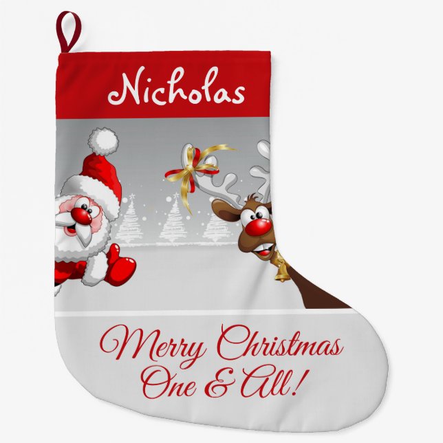Grande Chaussette De Noël Père Noël et renne de Noël personnalisés (Devant)
