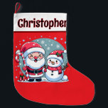 Grande Chaussette De Noël Père Noël Et Snowman Rouge Et Blanc Mignons<br><div class="desc">Mignons bas de Noël rouge et blanc. Dans une bande blanche en haut du bas est un modèle en texte noir sur le devant pour ajouter un nom et un modèle au dos pour ajouter votre message de Noël. Sur le devant se trouve une jolie illustration de Noël fantaisiste avec...</div>