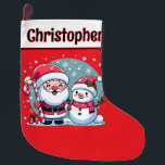 Grande Chaussette De Noël Père Noël Et Snowman Rouge Et Blanc Mignons<br><div class="desc">Mignons bas de Noël rouge et blanc. Dans une bande blanche en haut du bas est un modèle en texte noir sur le devant pour ajouter un nom et un modèle au dos pour ajouter votre message de Noël. Sur le devant se trouve une jolie illustration de Noël fantaisiste avec...</div>