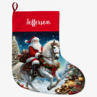 Grande Chaussette De Noël Père Noël fait du cheval blanc