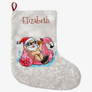 Grande Chaussette De Noël Père Noël,Flamants Roses,Flou Glitter 