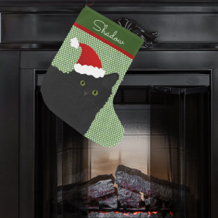 Grande Chaussette De Noël père Noël Long Cheveux Chat Noir Les Yeux Vertes