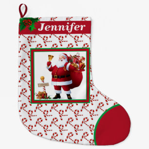 Grande Chaussette De Noël Père Noël Nom du Sucre de canne Rouge et Vert