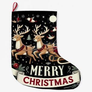 Grande Chaussette De Noël Père Noël vintage et nuit étoilée aux rennes
