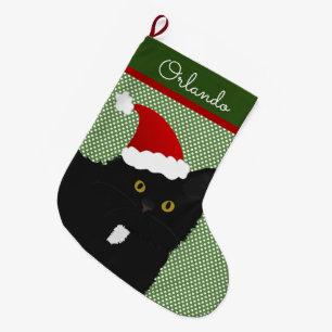 Grande Chaussette De Noël père Noël Yellow Eyes Long Cheveux Chat noir