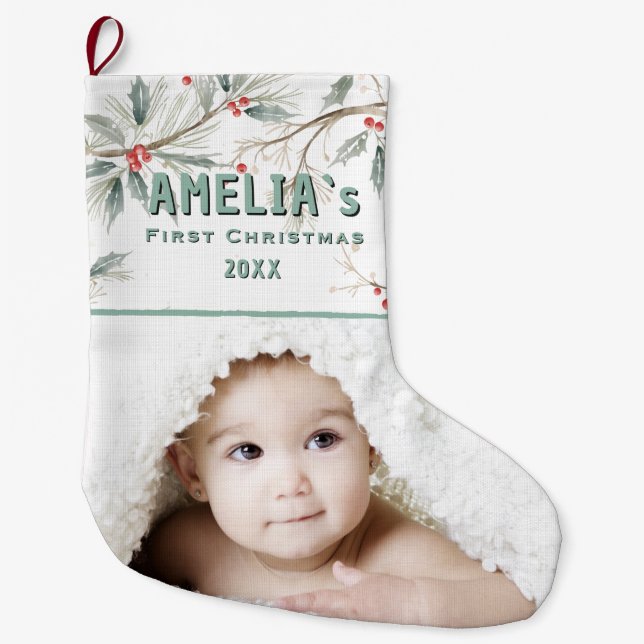 Grande Chaussette De Noël Personalized Baby First Christmas Berry Photo (Devant)