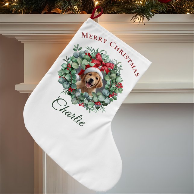 Grande Chaussette De Noël Personalized Pet Christmas with Wreath & Name (Créateur téléchargé)