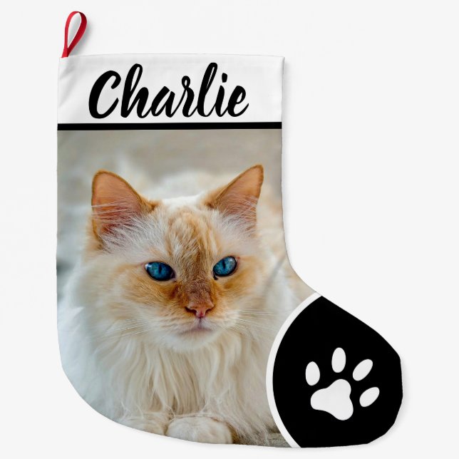 Grande Chaussette De Noël Personalized Simple Paw Pet Photo Monogram Name (Devant)