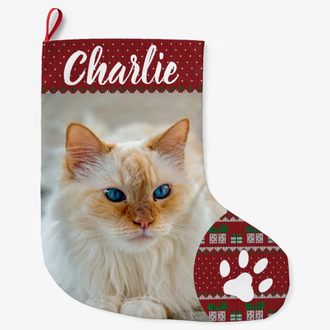 Grande Chaussette De Noël Personalized Simple Paw Pet Photo Monogram Name (Devant)