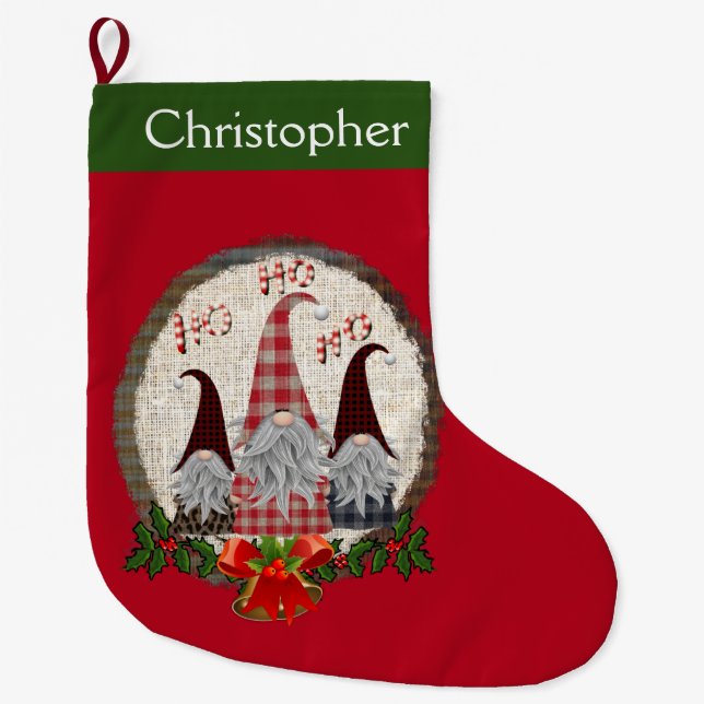 Grande Chaussette De Noël Personnalisé Gnome Rouge Vert Holly Cloches mignon (Devant)