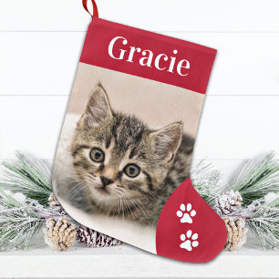 Grande Chaussette De Noël Personnalisé Pet Cat Photo Holiday Rouge Personnal