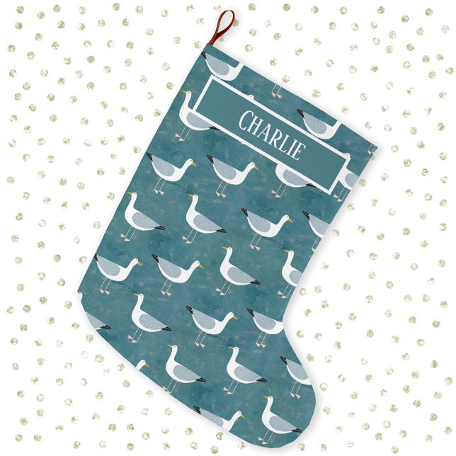 Grande Chaussette De Noël Personnalisé Seagull (Personalized custom name seagull coastal Christmas stocking)