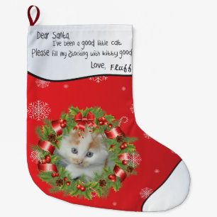 Grande Chaussette De Noël Personnalisez VOTRE CAT PHOTO rouge Holly Wreath F