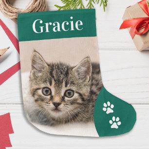 Grande Chaussette De Noël Pet Cat Photo personnalisée Vacances Vert Personna