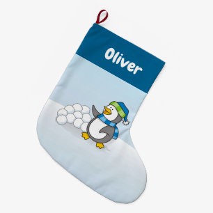 Grande Chaussette De Noël Petit pingouin avec boules de neige agitant