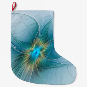 Grande Chaussette De Noël Petite Beauté Moderne Fleur d'Art Fractal Bleu Or