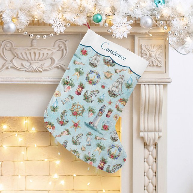 Grande Chaussette De Noël Phare Nautiques de Noël Navires Ajouter Votre Nom (Créateur téléchargé)
