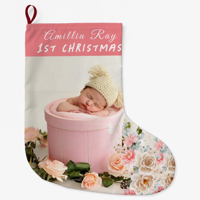 Grande Chaussette De Noël photo de bébé mignonne pour le premier Noël du béb (Devant)