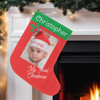 Grande Chaussette De Noël Photo du premier bébé Nom personnalisé Garçon ou f