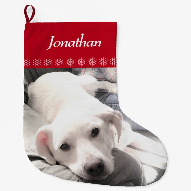 Grande Chaussette De Noël Photo mignon blanc Chien Chien Snowflakes Rouge (Devant)