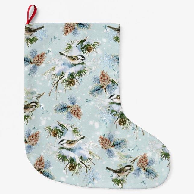 Grande Chaussette De Noël Pinecone d'oiseau de poulet neige hiver Noël Turqu (Devant)