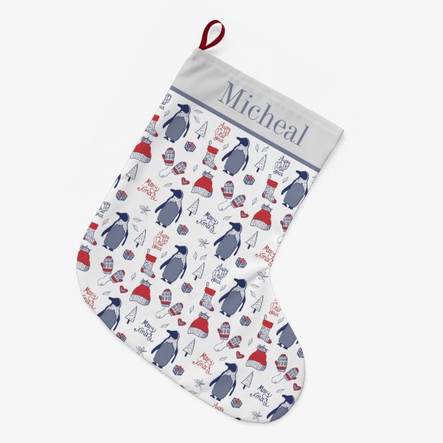 Grande Chaussette De Noël Pingouins de Noël Casquette Gants Motif (Devant (Accrochage))