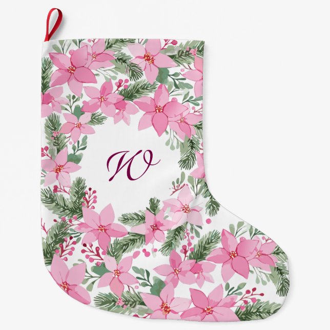 Grande Chaussette De Noël Pink Poinsettie Noël Monogramme initial (Devant)