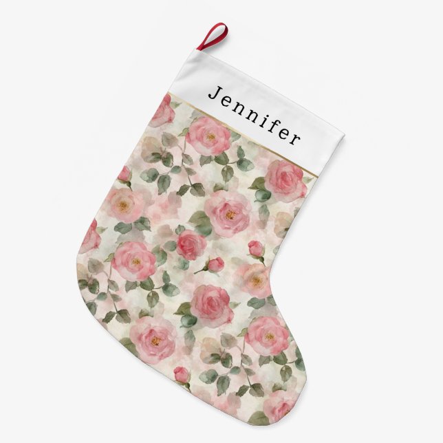Grande Chaussette De Noël Pink Roses Floral Christmas (Devant (Accrochage))