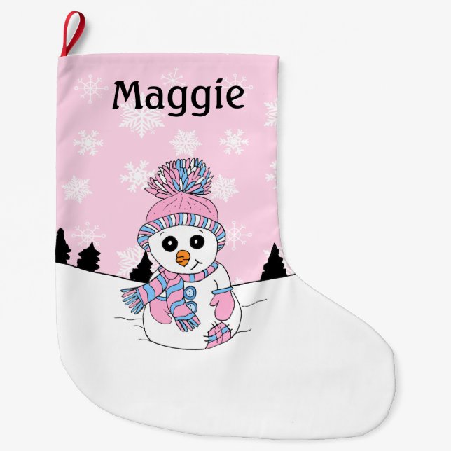 Grande Chaussette De Noël Pink Snowman et Snowflakes Personnalisé (Devant)