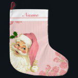 Grande Chaussette De Noël Pink Vintage Santa Claus Roses<br><div class="desc">Personnalisable . Cliquez sur le bouton informatique PERSONNALISER bleu pour modifier le texte,  la police et la couleur de police.</div>