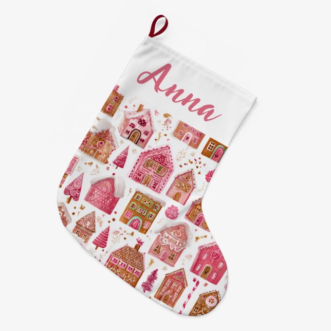 Grande Chaussette De Noël Pink Whimsical Gingerbread Houses Name Stocking (Devant (Accrochage))