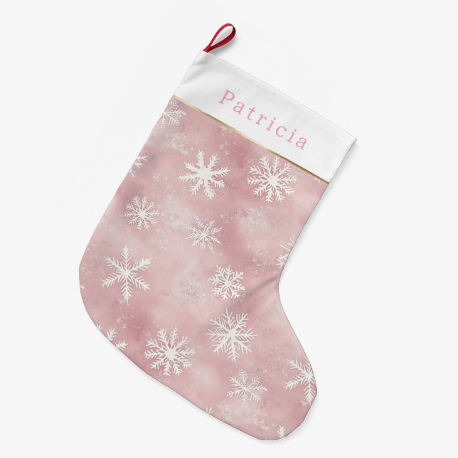 Grande Chaussette De Noël Pink White Snowflakes Christmas (Devant (Accrochage))