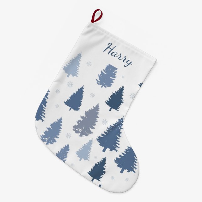 Grande Chaussette De Noël Pins Bleus d'hiver Motif Personnalisé (Devant (Accrochage))